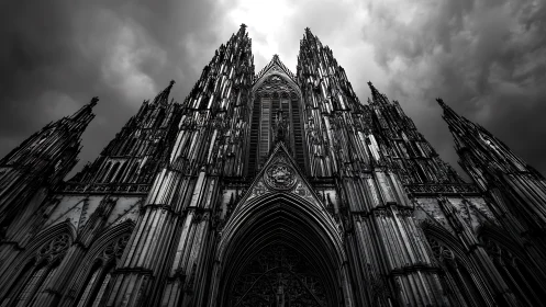 Gothic cathedral towers reaching into a moody storm sky.