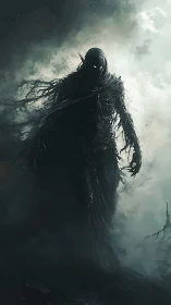 Mysterious shadow wanderer emerging from swirling mist.