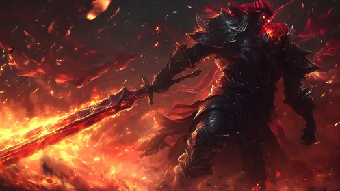 Flaming demon knight strides through a hellfire battlefield