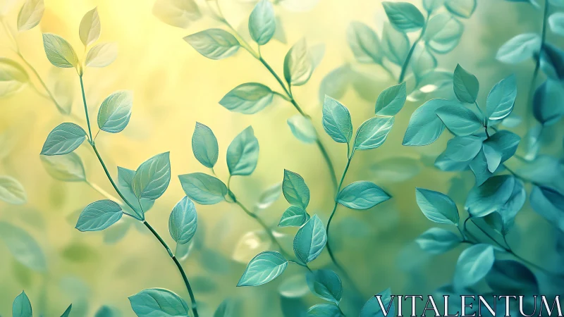 Soft green leaves against glowing yellow bokeh light background.