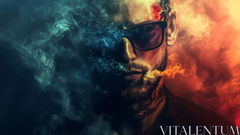 Bicolor neon smoke engulfs a cyber-noir portrait in hard contrast