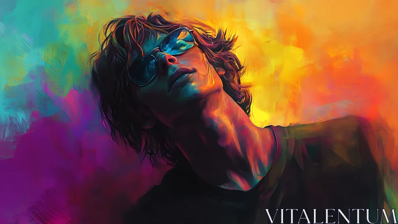 Male figure in sunglasses against multicolor abstract backdrop.