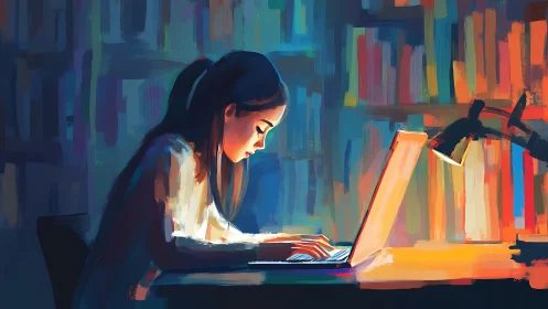 Woman using laptop at desk in colorful library interior.