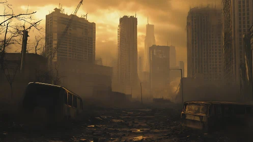 Post apocalyptic city street with ruined high rises.