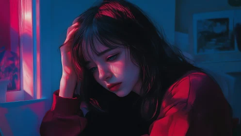 Melancholic woman in neon window light, cinematic portrait study.