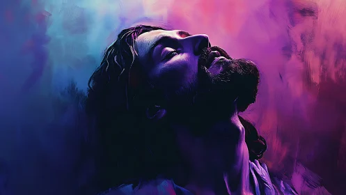 High contrast portrait of bearded man lit by magenta cyan gradients