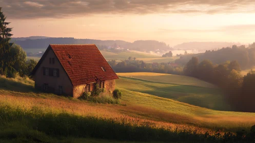 Sunlit country cottage resting in rolling golden hills.