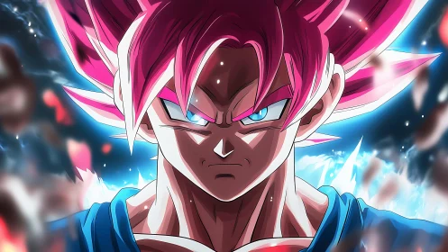 Pink haired anime warrior in intense powered stance.