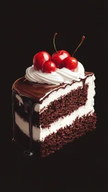 Layered chocolate cake slice with dark ganache and cherry garnish.