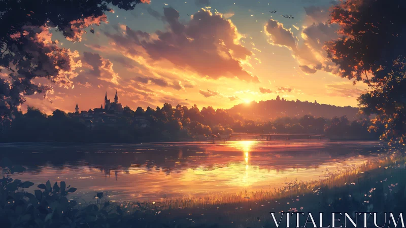 Sunset glows over tranquil lake beside distant hillside town