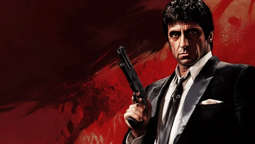 Man in dark suit holding handgun against red abstract backdrop.