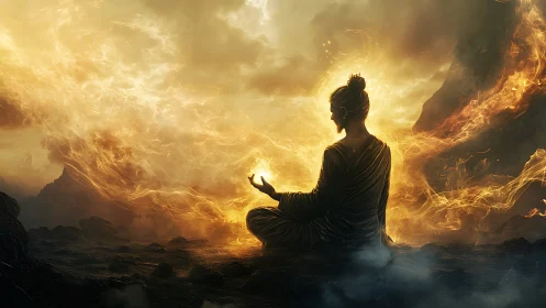 Meditative silhouette encircled by luminous golden firestorm.