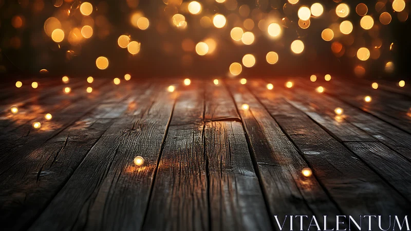 Rustic wooden floor glows beneath drifting festive bokeh lights.