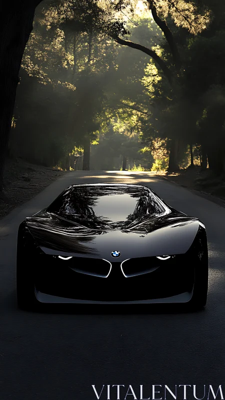Midnight-black concept car gliding through sunlit forest.
