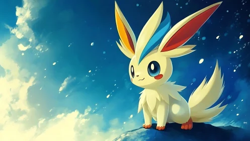 Stylized creature illustration is positioned against sky backdrop