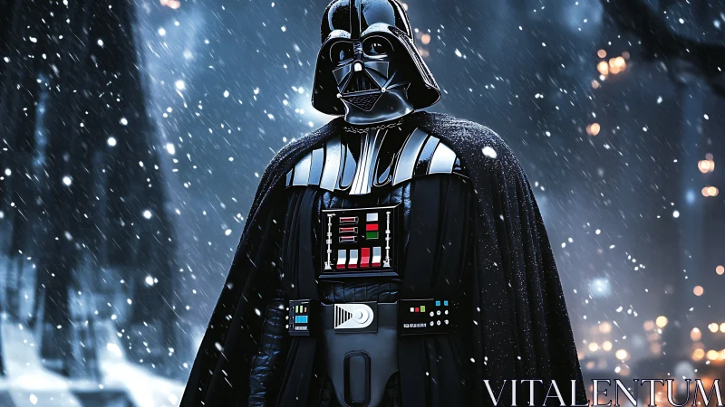 Armored sci fi figure in snowy outdoor environment at night.