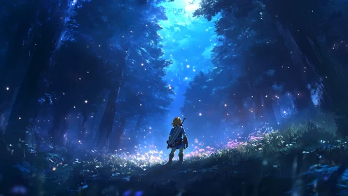 Lone adventurer bathing in enchanted cobalt forest light.