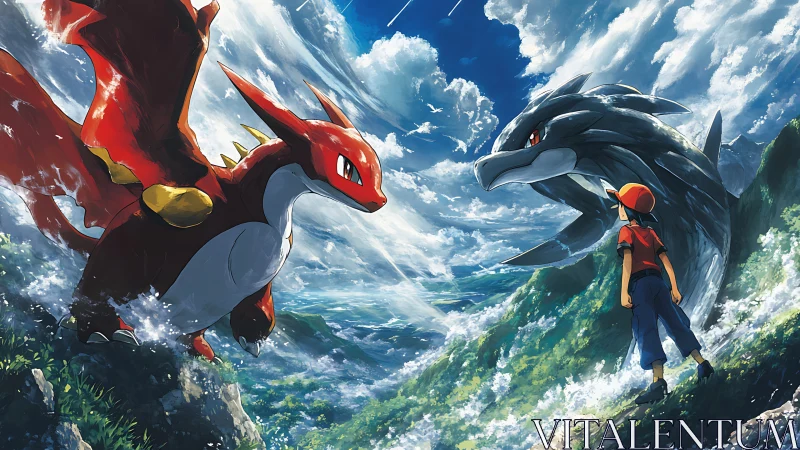 Large flying creatures and human figure confront in mountain pass