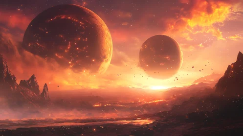 Binary molten planets rise over volcanic alien horizon