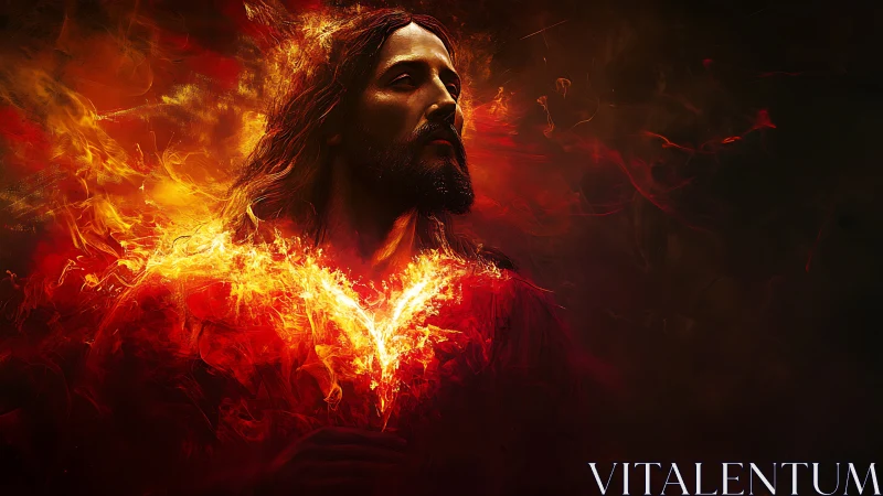 Fiery robed figure with radiant heart of living flames.