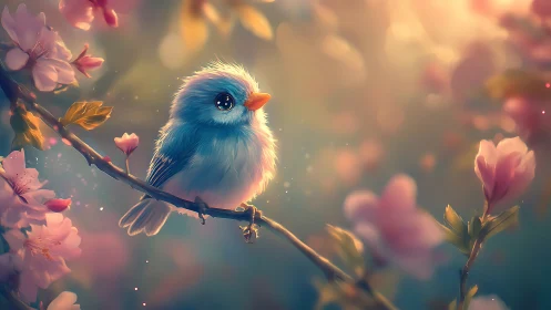 Blue Bird on Blossomed Branch with Warm Bokeh Background.