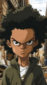 Furious street prodigy with gravity defying curls stands firm.