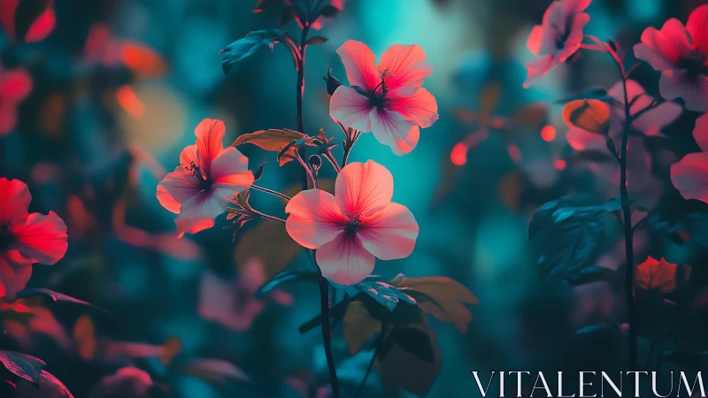 Stratified floral composition with color-graded teal-magenta bokeh depth rendering