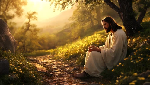 Figure in robe sits beside sunlit forest path at sunrise