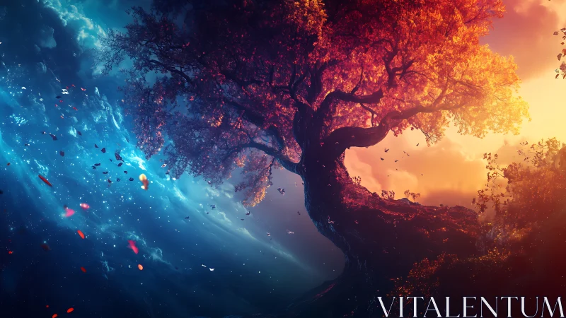 Firecrest tree bridging stormlit dusk and cosmic dawn.