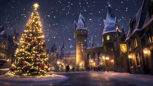 Snowy wizarding courtyard with glowing Christmas tree at dusk.