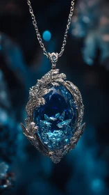 Sapphire pendant glows within ornate silver leaf setting.