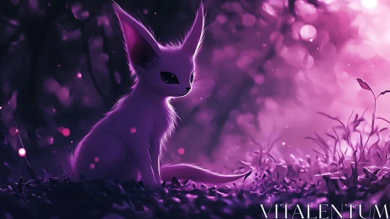 Bioluminescent foxlike creature rendered in magenta bokeh forest