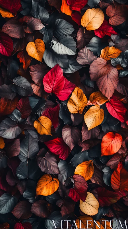 Autumn foliage arrangement with multicolored overlapping leaves.