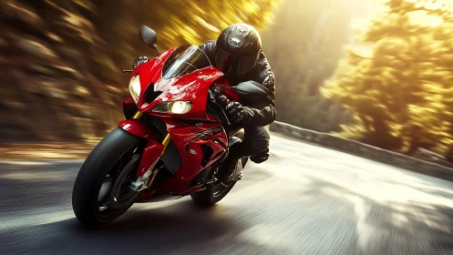 Sunlit mountain road welcomes a rider on a red sport bike