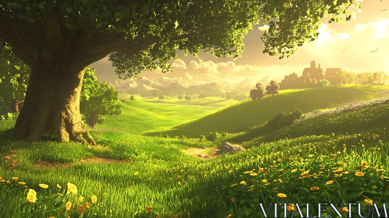 Sunlit fantasy valley with castle rendered in cinematic 3D
