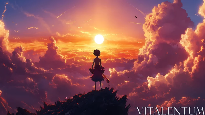 Sunset wanderer stands ready to chase new horizons above clouds