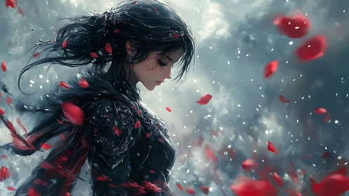 Warrior maiden amid swirling petals in moody digital art.
