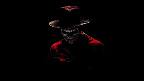 Demonic figure in hat emerges from deep black shadows.