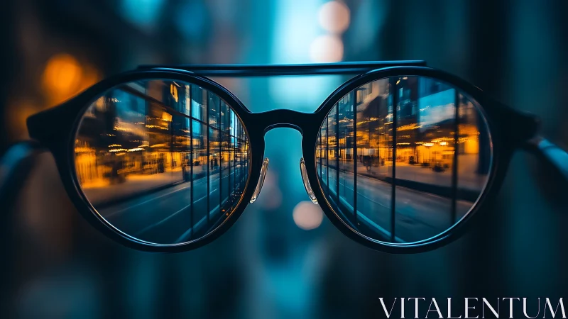 City reflections through round glasses at blue dusk.