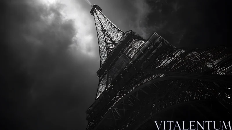 Steel tower photographed from low angle under dark clouds
