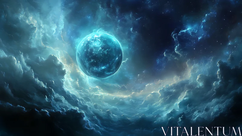 Celestial vortex sphere within luminous storm cloud aperture.