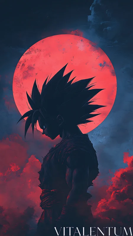 Lone spiky warrior silhouetted against a bleeding moon.