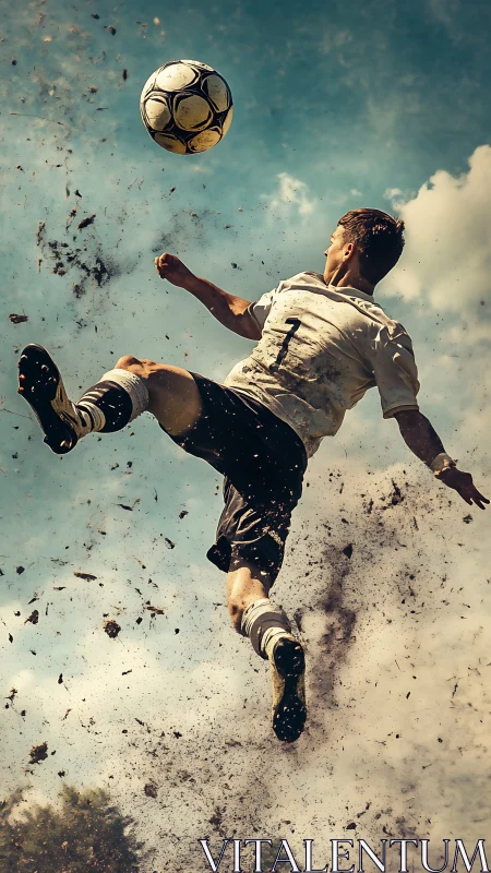 Soccer player executing midair kick on outdoor dirt field.