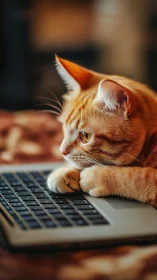 Orange Tabby Cat at Laptop with Focused Expression.