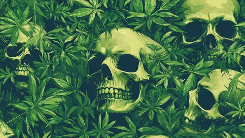 Human skulls are depicted among dense overlapping green foliage