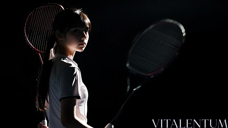 Female badminton player in low key studio lighting setup.