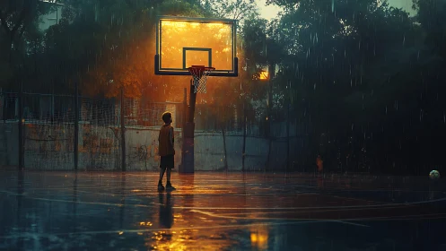 Solitary youth on rain-soaked court under glowing hoop.