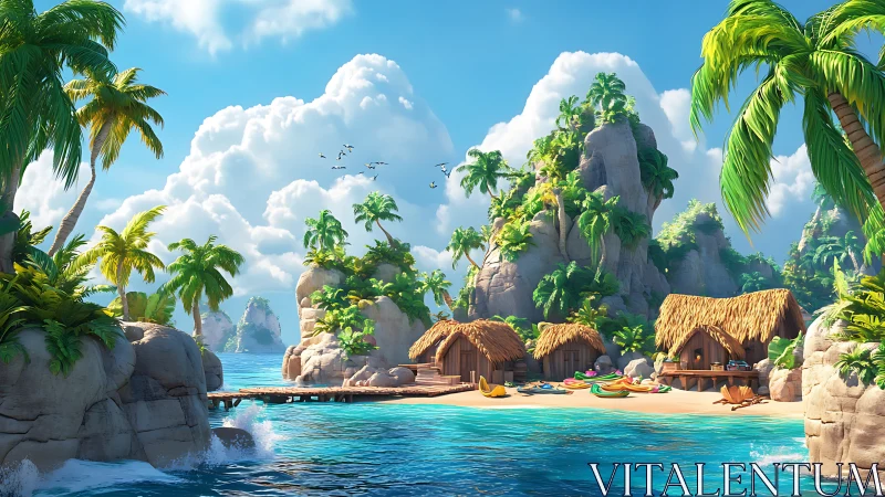 Tropical Island Paradise: Thatched Village Among Towering Stone Formations.