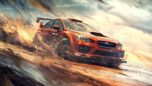 Rally car powerslides through mud in dynamic motion study