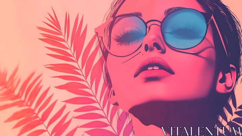 Stylized portrait of woman with blue glasses and foliage.